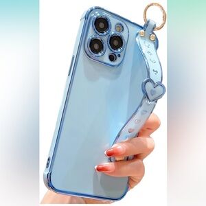NWT iPhone 14 Pro Max Case Adjustable Wristband Strap Kickstand Loop Heart Blue